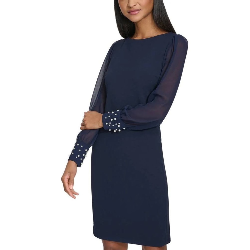 NEW! Karl Lagerfeld Navy Blue Pearl Sleeve Dress Size 14 NWT - Picture 1 of 8